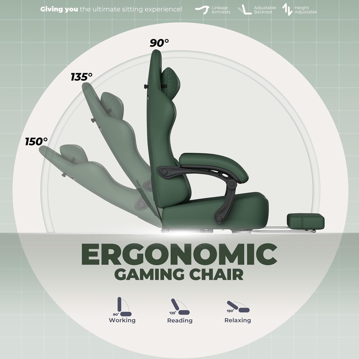 Ergonomic Gaming Chair w/ Footrest Recliner Faux Leather Green