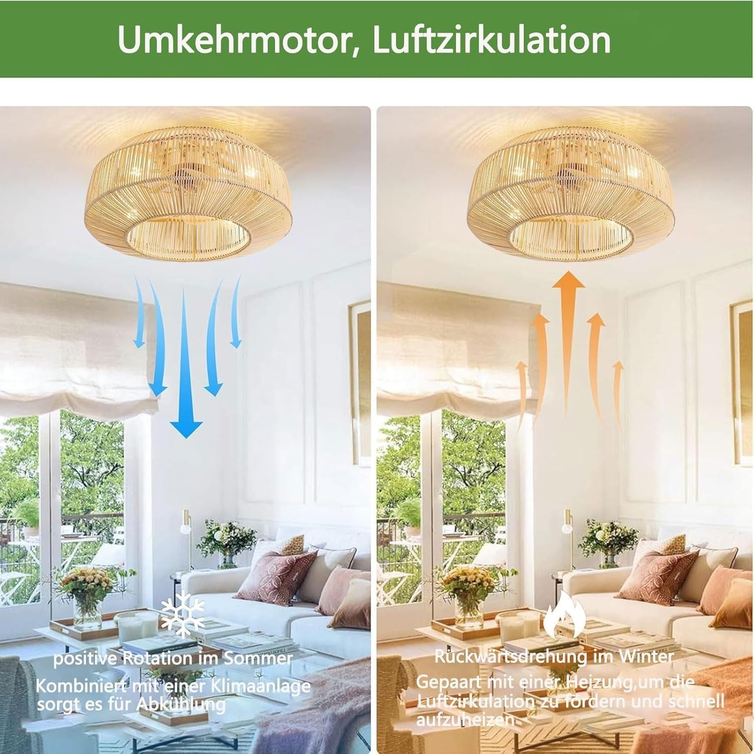 MiiR Rattan Ceiling Fan with Light, 6-Speed, Remote, Vintage Bamboo Design