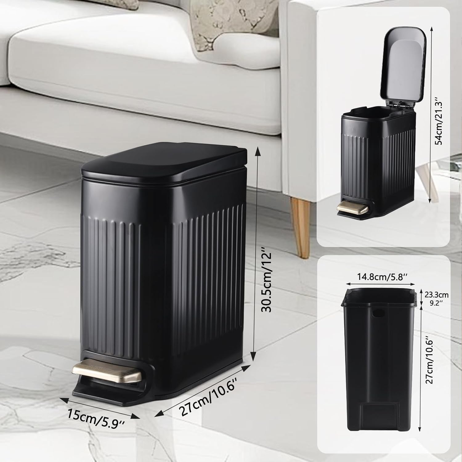 7L Slim Bathroom Pedal Bin Matt Black Stainless Steel Soft Close