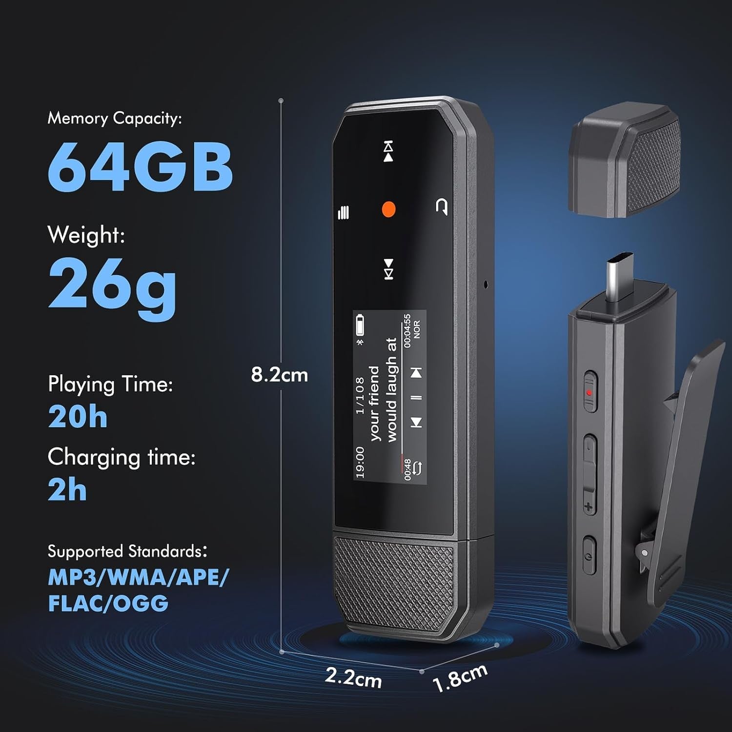 64GB Bluetooth 5.3 MP3 Player FM Radio USB-C Clip Portable Music