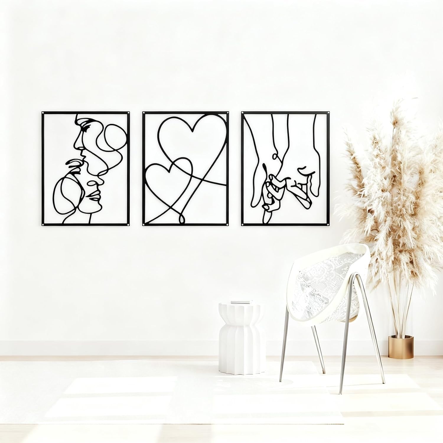 Black Metal Wall Art Set of 3 Modern Line Love Abstract 40x28cm