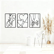 Black Metal Wall Art Set of 3 Modern Line Love Abstract 40x28cm