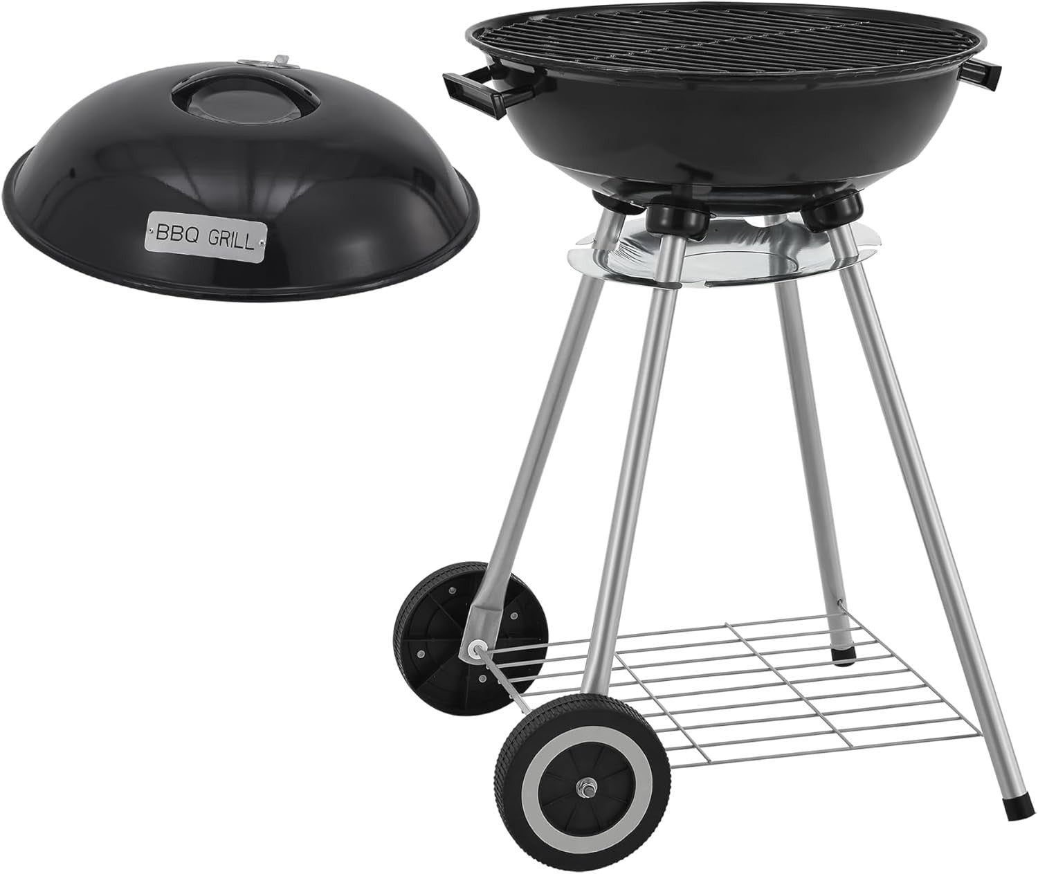 Outdoor Charcoal BBQ Kettle Grill 80x49x47cm with Lid Wheels Garden Patio