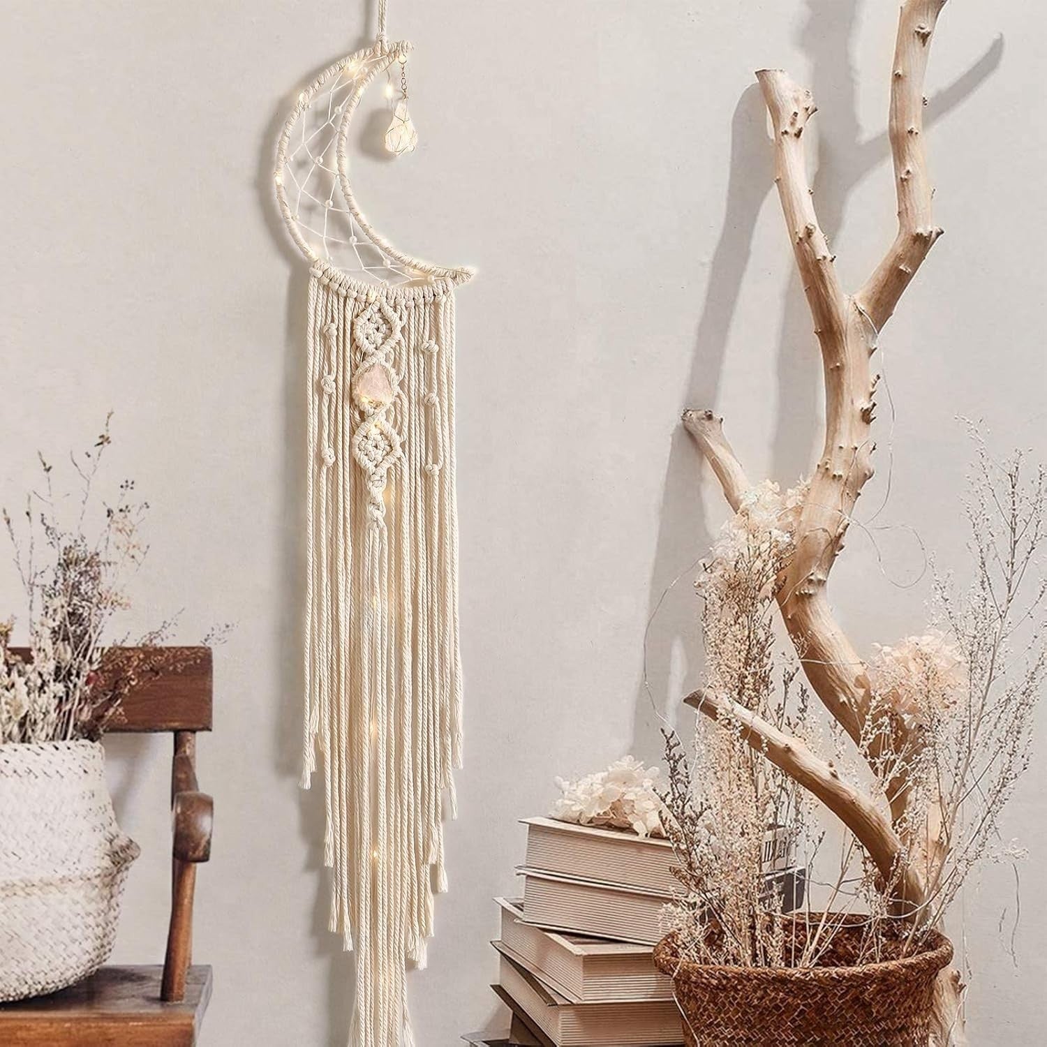 Boho Macrame Moon Wall Hanging White Crystal Dreamcatcher Decor