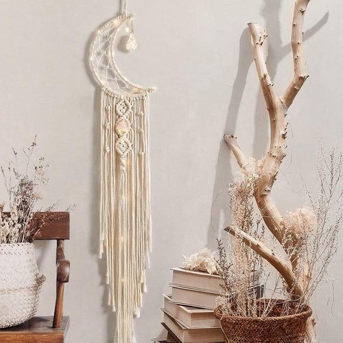 Boho Macrame Moon Wall Hanging White Crystal Dreamcatcher Decor