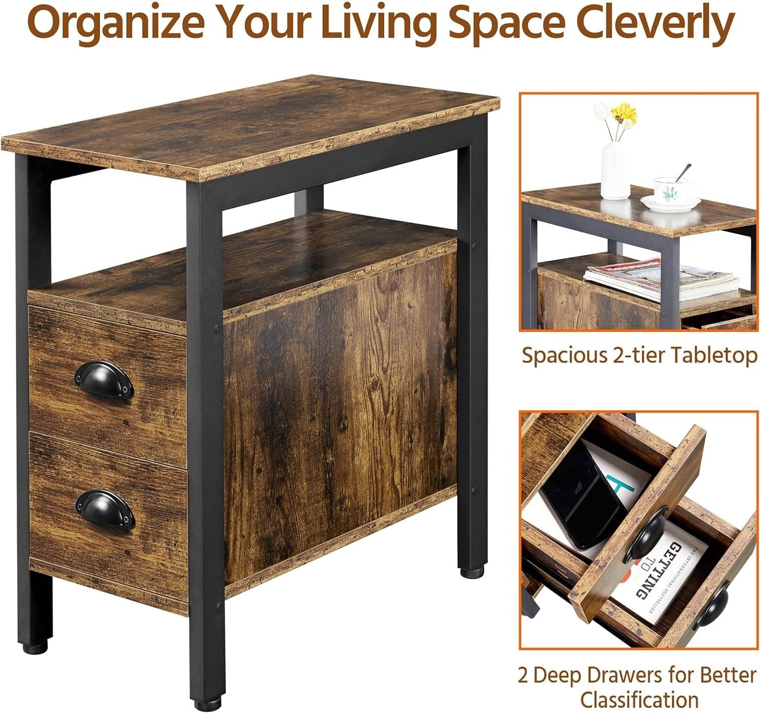 Slim Bedside Table with Drawers & Shelf for Small Spaces – Rustic Storage