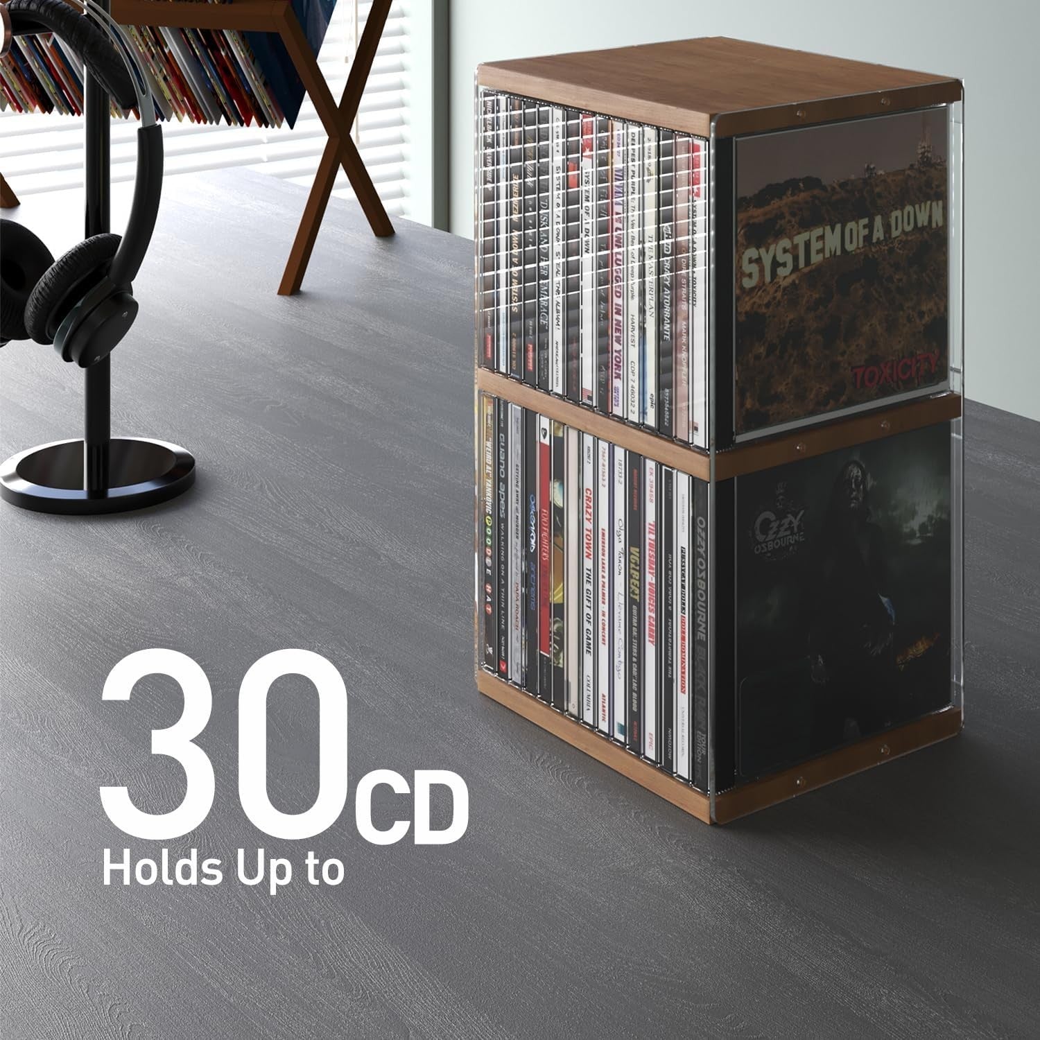 Retro Walnut CD Holder Rack 30 Disc Desktop Storage Shelf Organizer