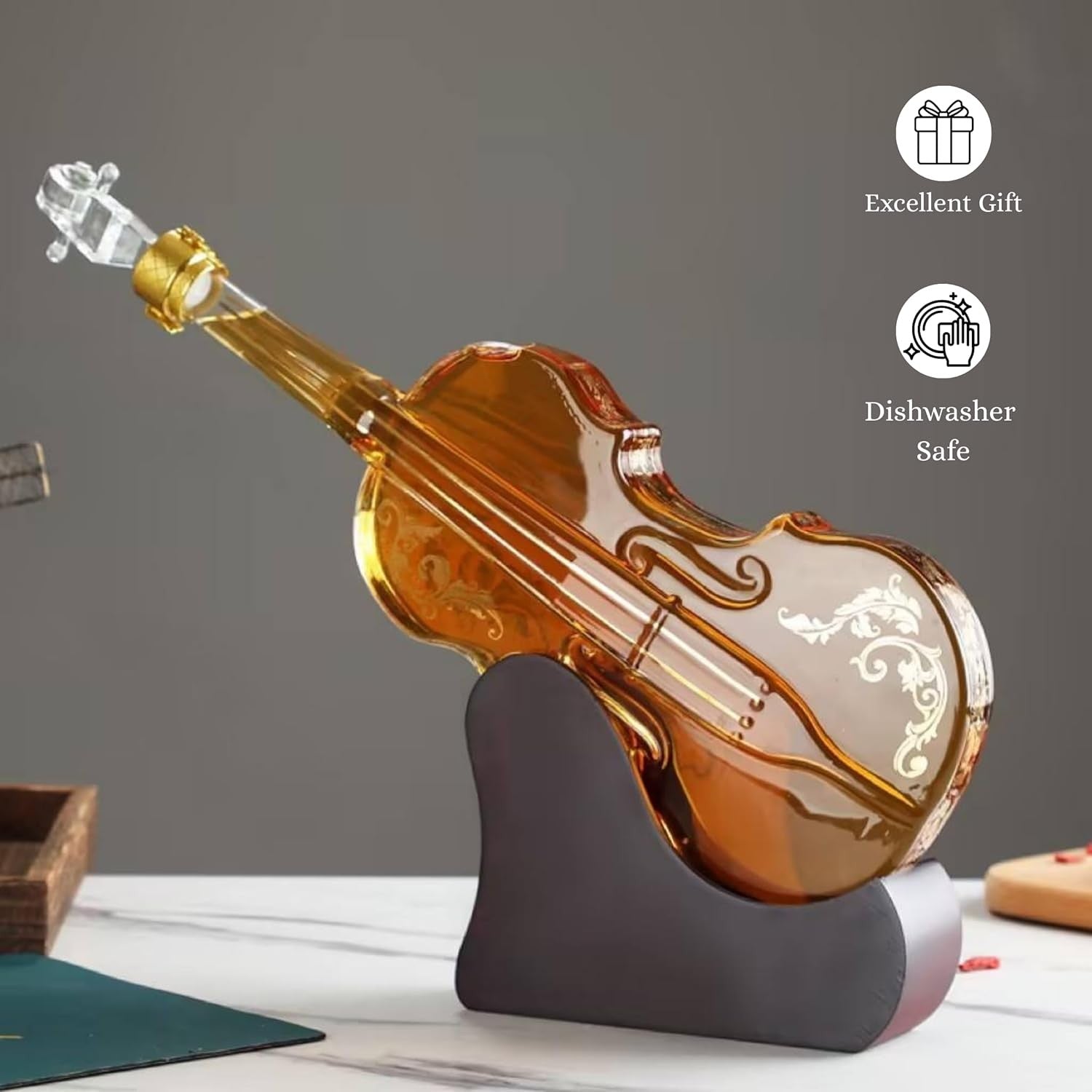 1000ml Violin Whiskey Decanter Set with Mahogany Base Glass Gift for Music Lover