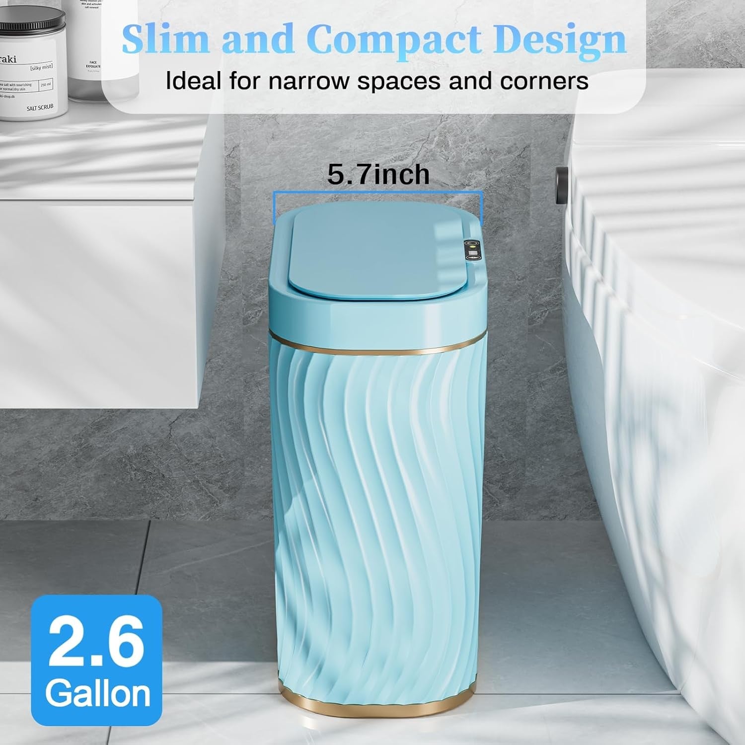 2.6 Gallon Touchless Bathroom Bin Waterproof Slim Smart Trash Blue