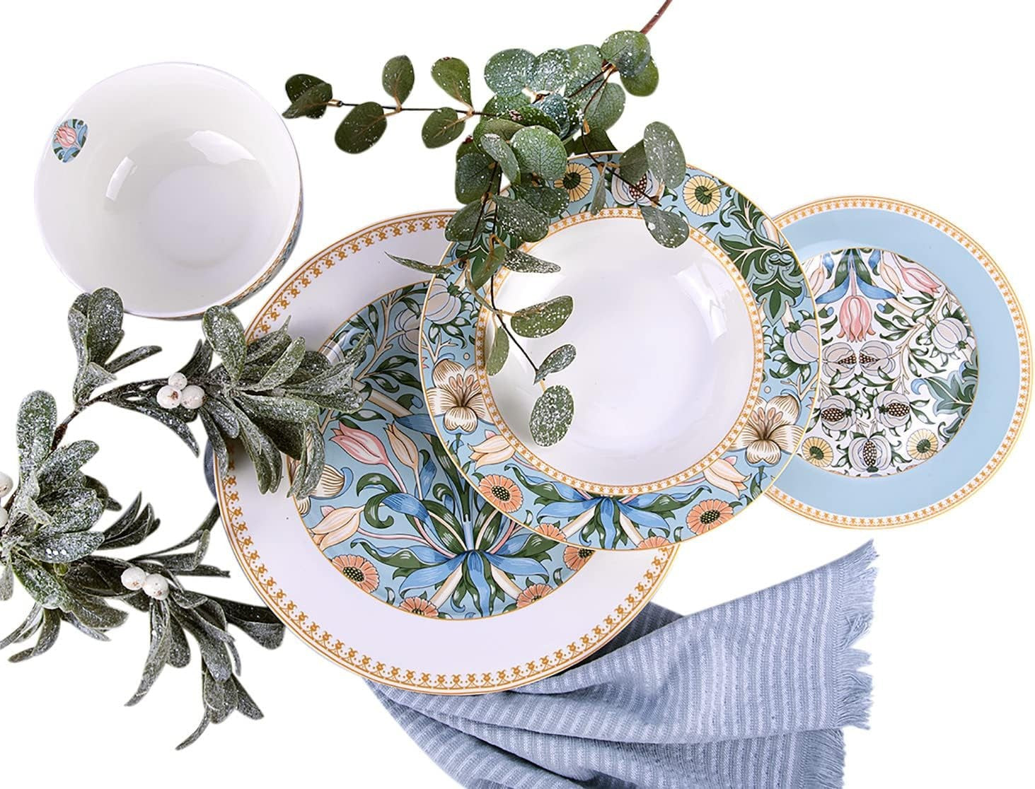 24pc Bone China Dinner Set Tropical Plates Bowls Mugs Gift Box Service for 6