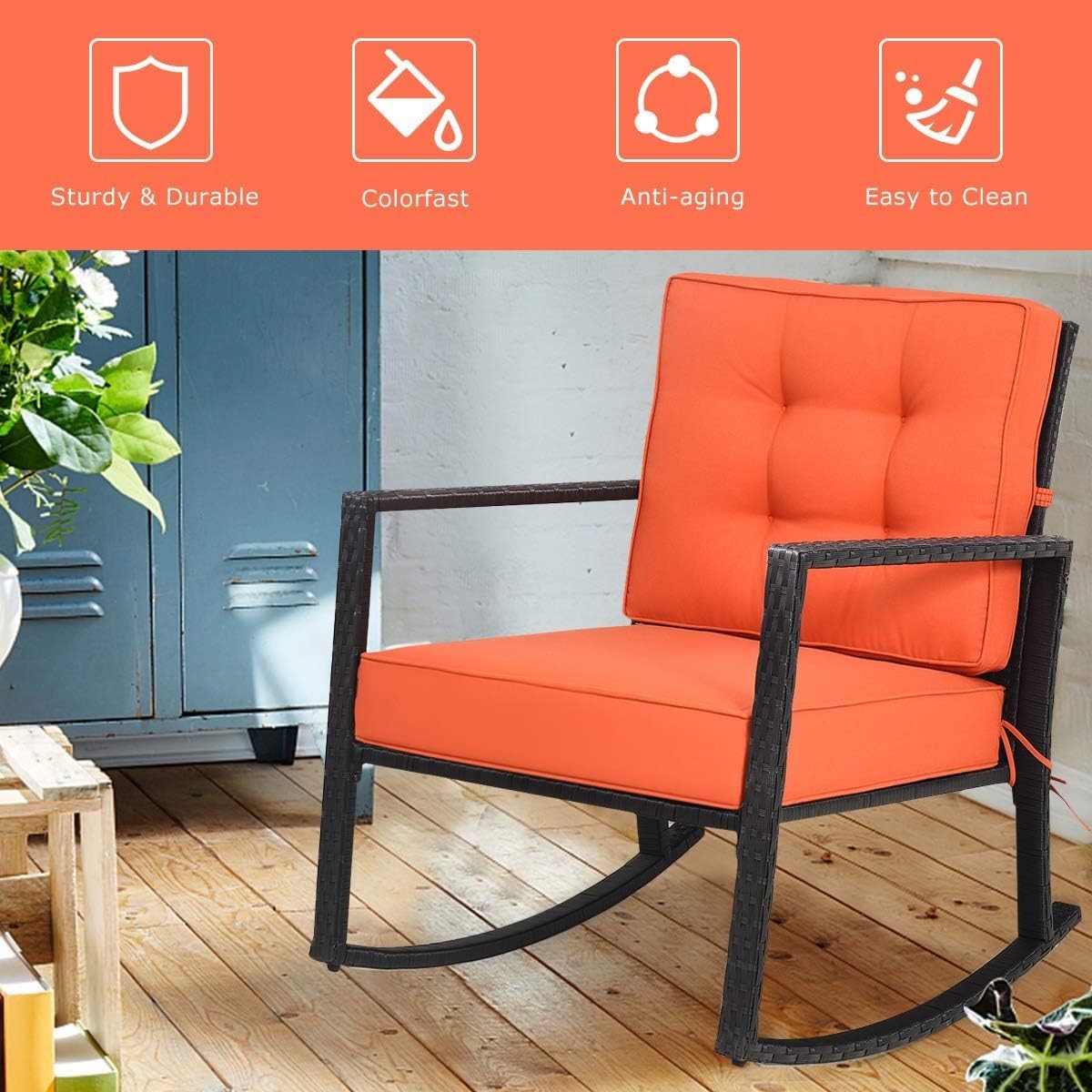 Outdoor Orange Rattan Rocking Chair with Cushions & Armrests Patio Glider