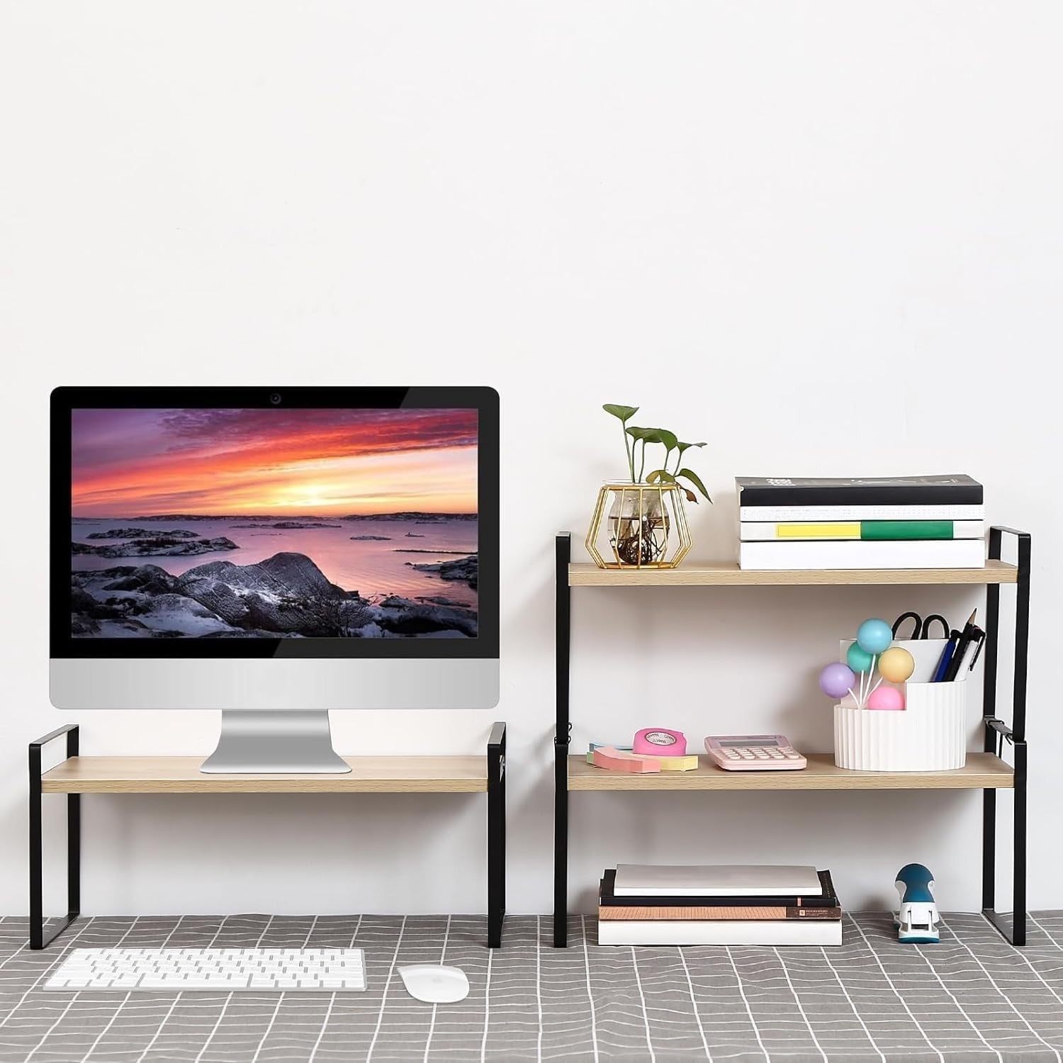 2-Tier Adjustable Wood Desk Shelf Organizer Cute Desktop Storage Rack 40cm