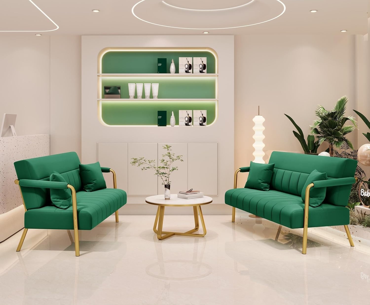 Green Velvet 2 Seater Sofa Gold Legs Modern Loveseat for Small Rooms Studio