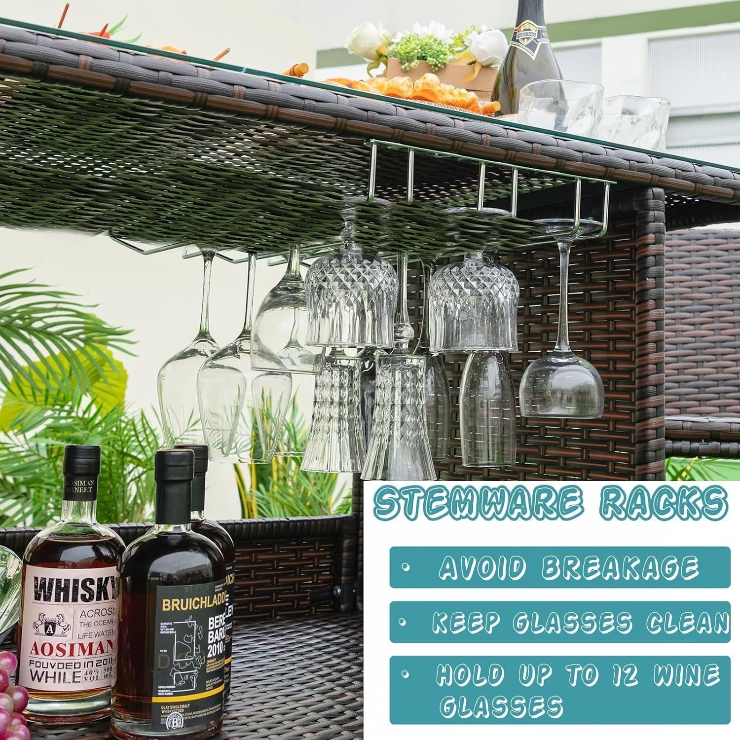 Rattan Bar Table Set with 2 Stools Glass Top Storage Shelves Patio Bistro