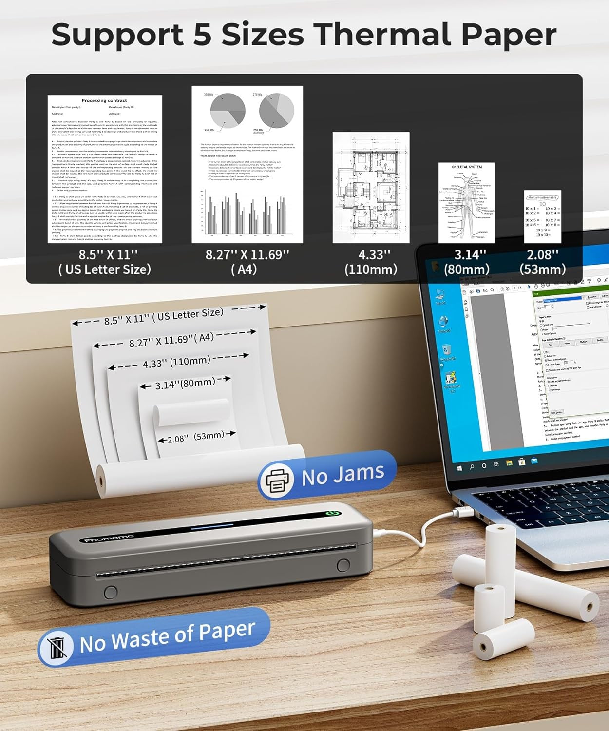 A4 Portable Thermal Printer 300DPI Bluetooth Inkless Grey
