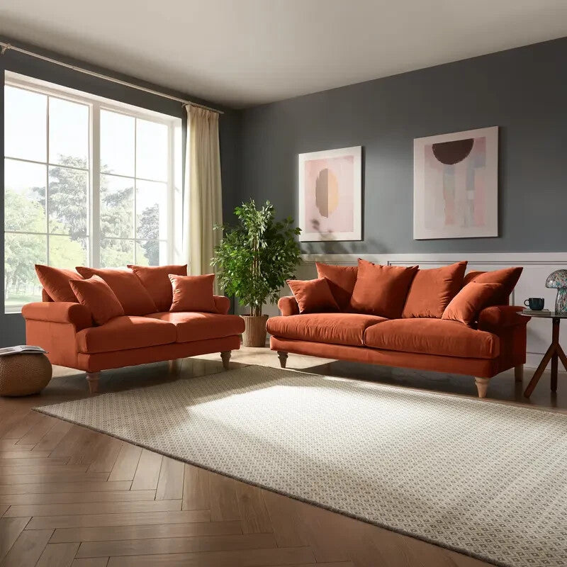 2 Seater Burnt Orange Velvet Sofa Scatter Back Cushions Deep Comfy Seat