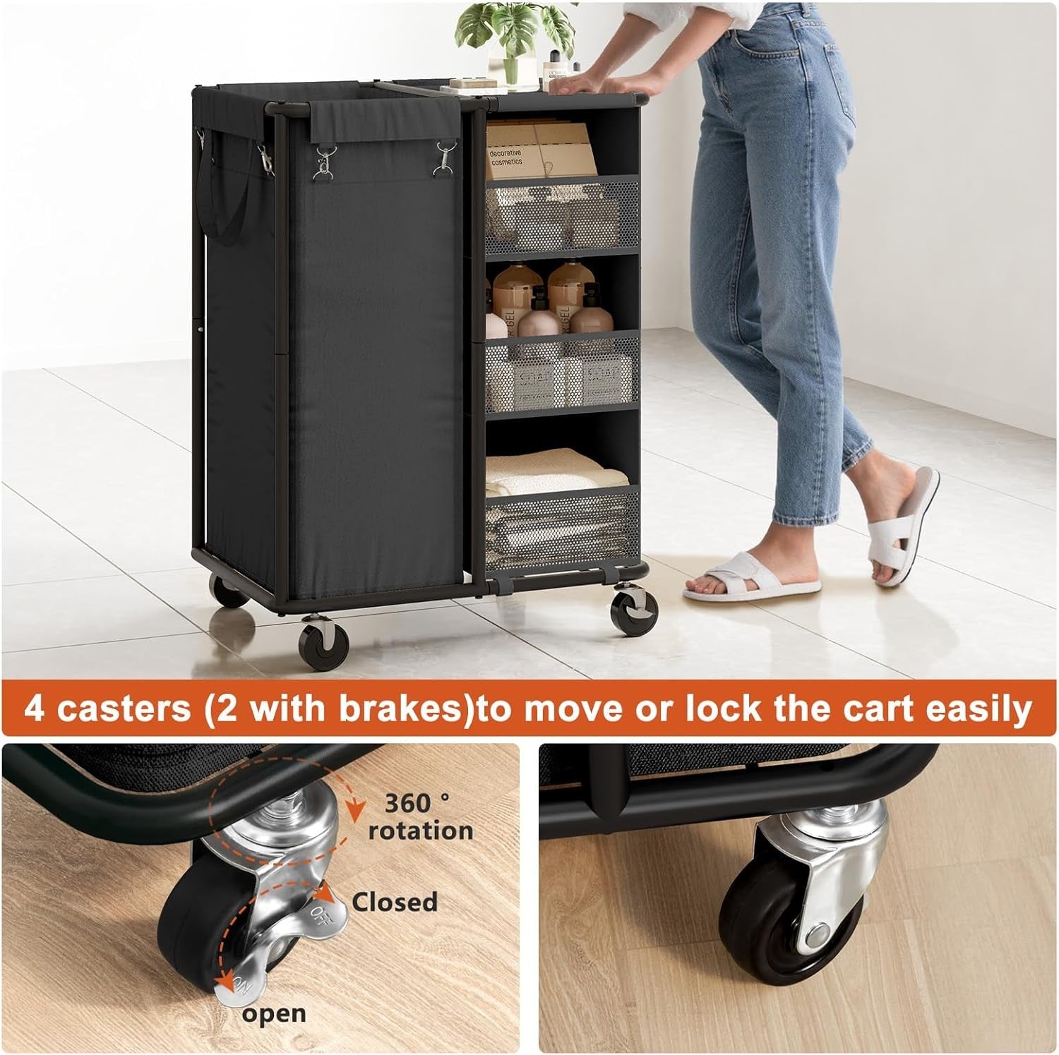 100L Rolling Laundry Sorter with Wheels Hanging Bag & Storage Shelves Black