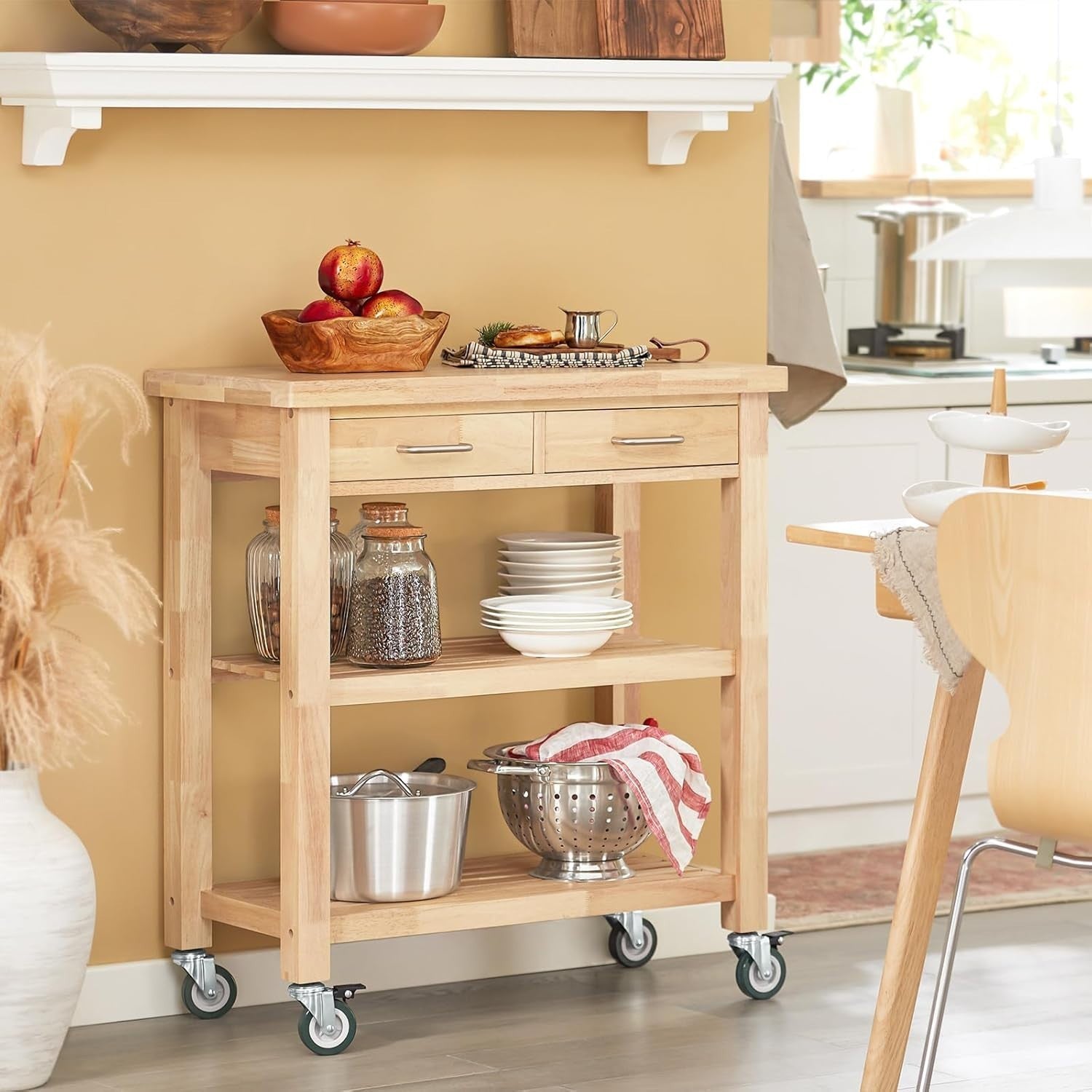 80x40x90cm Rubberwood Kitchen Trolley 2 Drawers