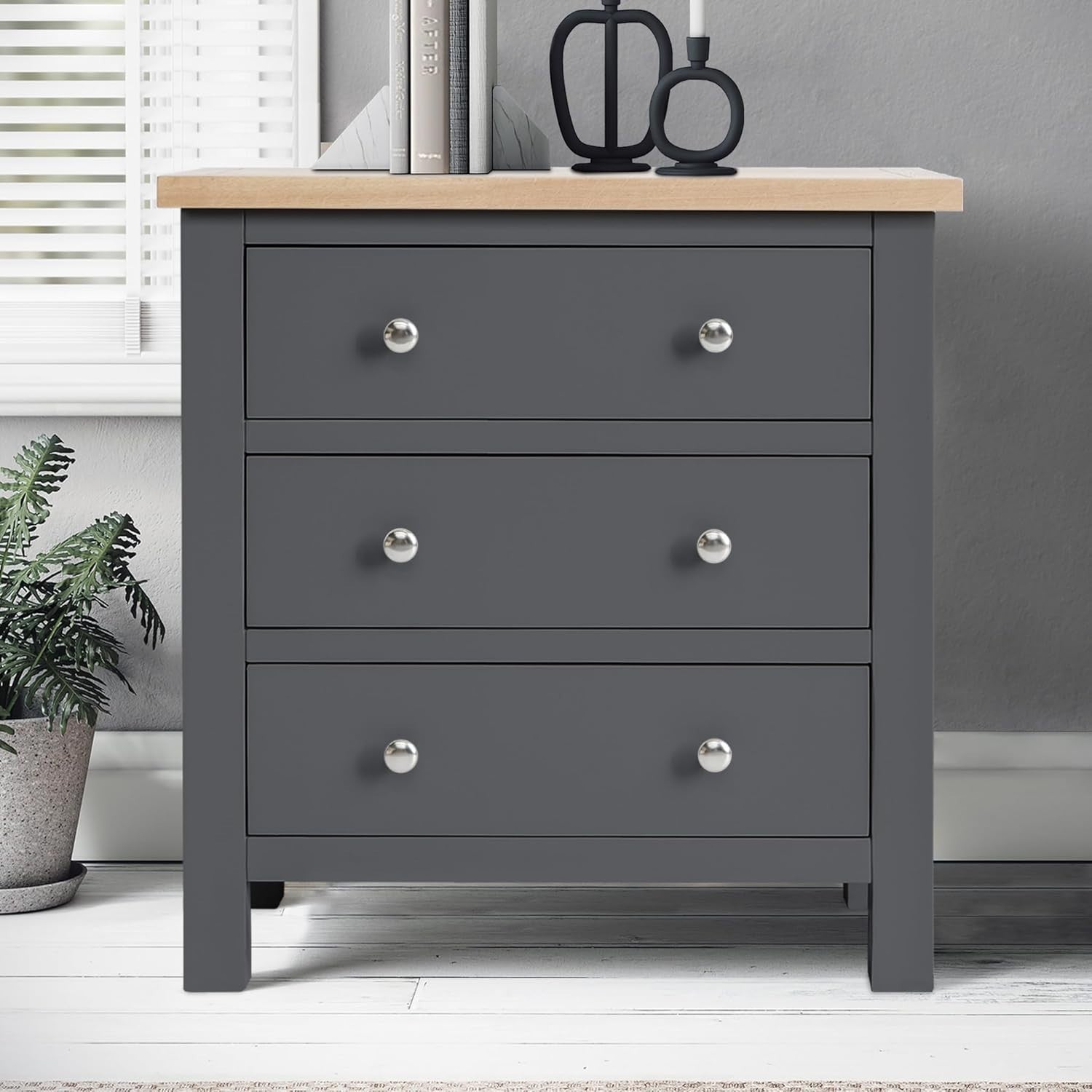 Charcoal 3 Drawer Chest Solid Wood Oak Top Small Bedroom Storage Unit
