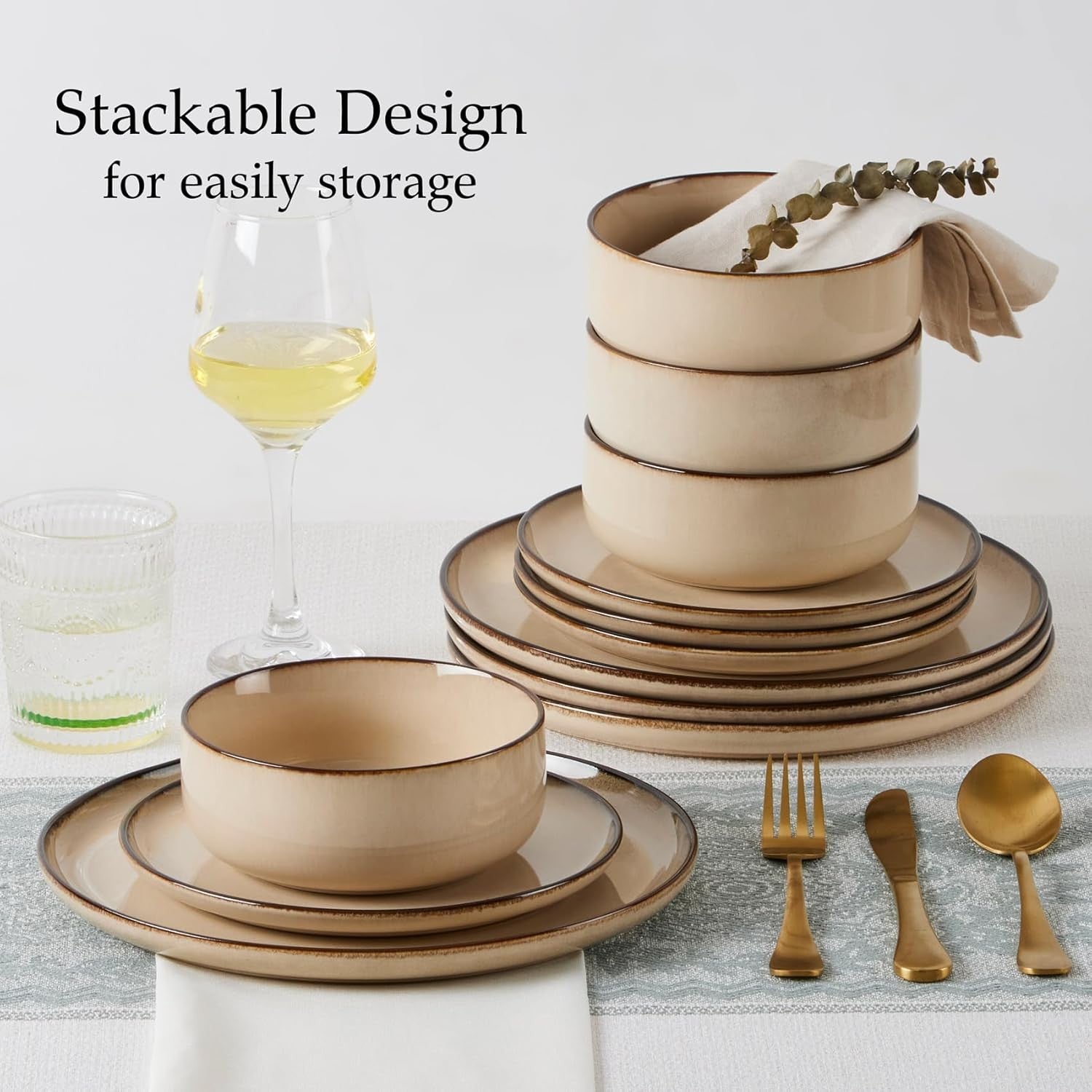 12pc Stoneware Dinner Set Latte Khaki Plates Bowls Reactive Glaze