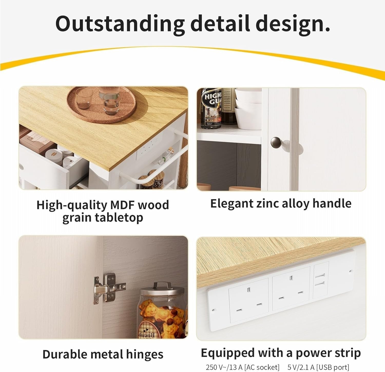 Rolling Kitchen Island Cart with Drop Leaf, Power Sockets & Storage Drawers