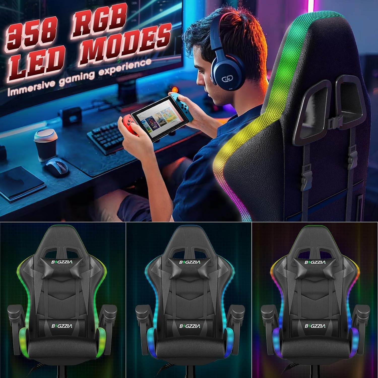 RGB Gaming Chair LED Lights Reclining PU Leather Swivel Black