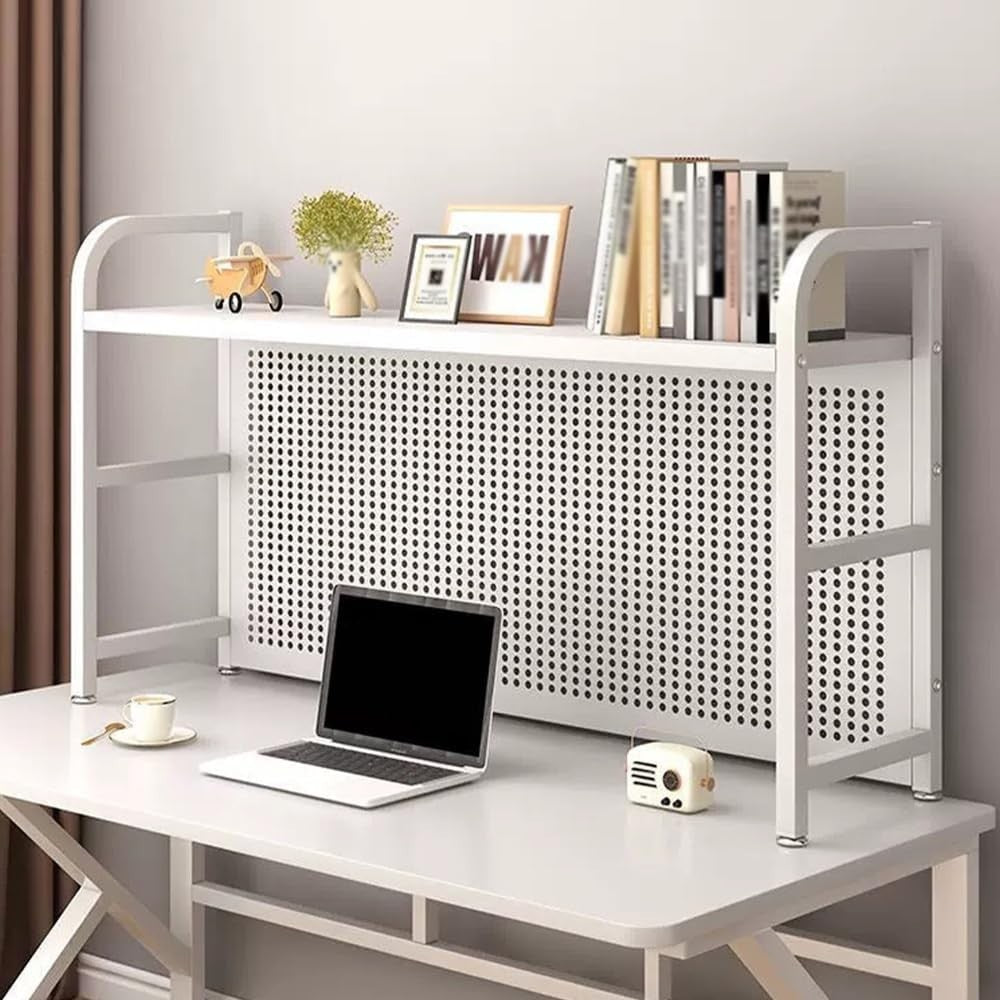 Extra-Wide Desktop Bookshelf Hutch Organizer w/ Pegboard White Metal 135x20x68cm
