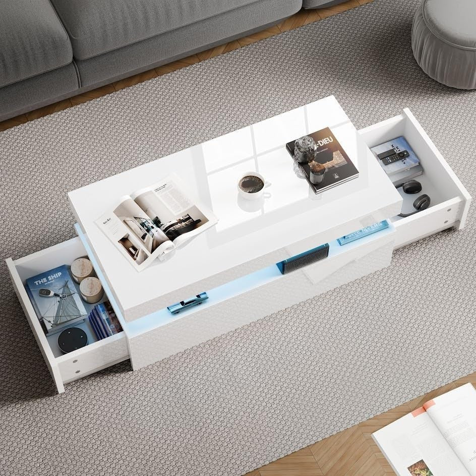 High Gloss Rectangle Coffee Table with 2 Drawers & RGB LED Lights 94x47x38cm