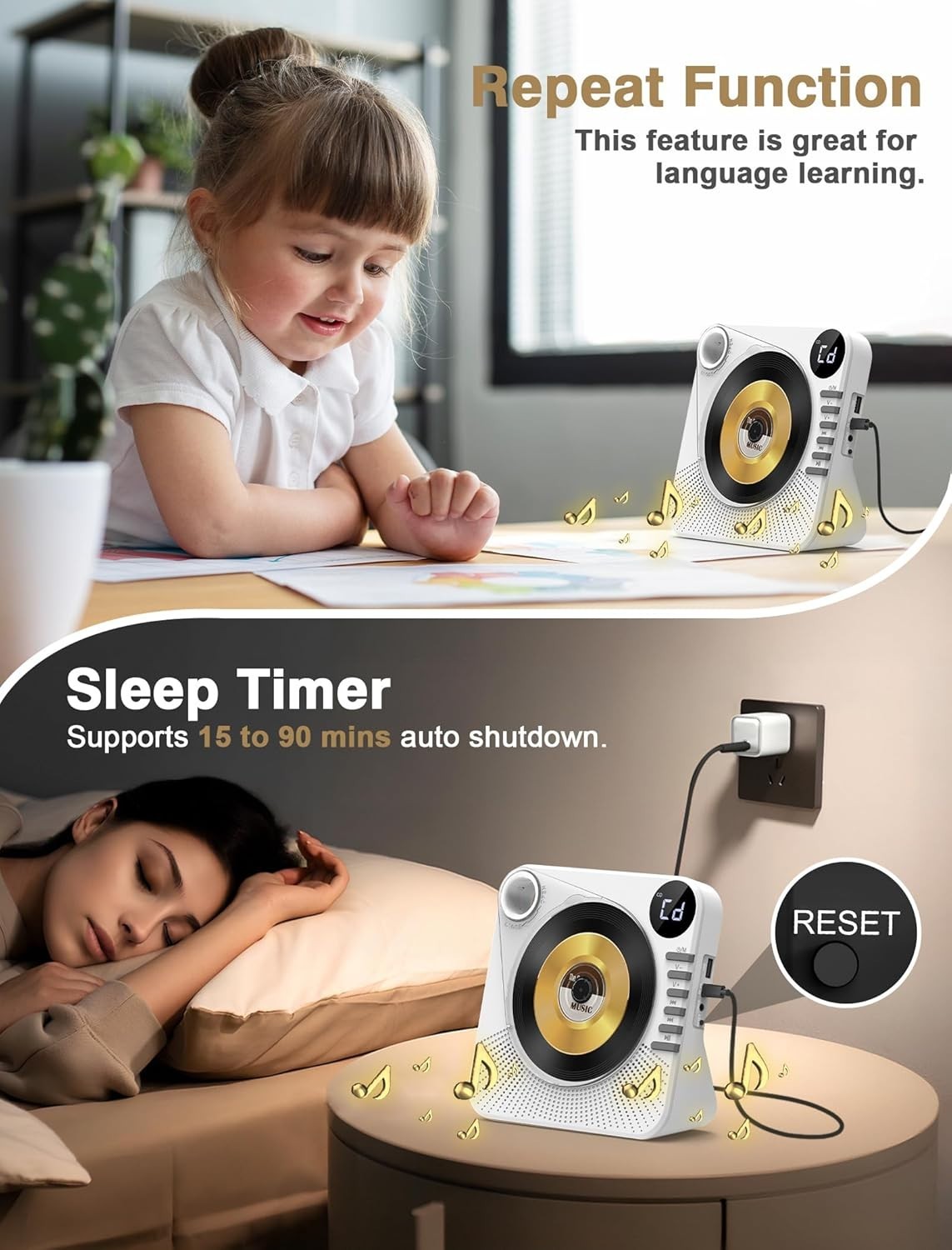 Bluetooth 5.1 CD Player w Speakers LED Display Remote USB AUX White