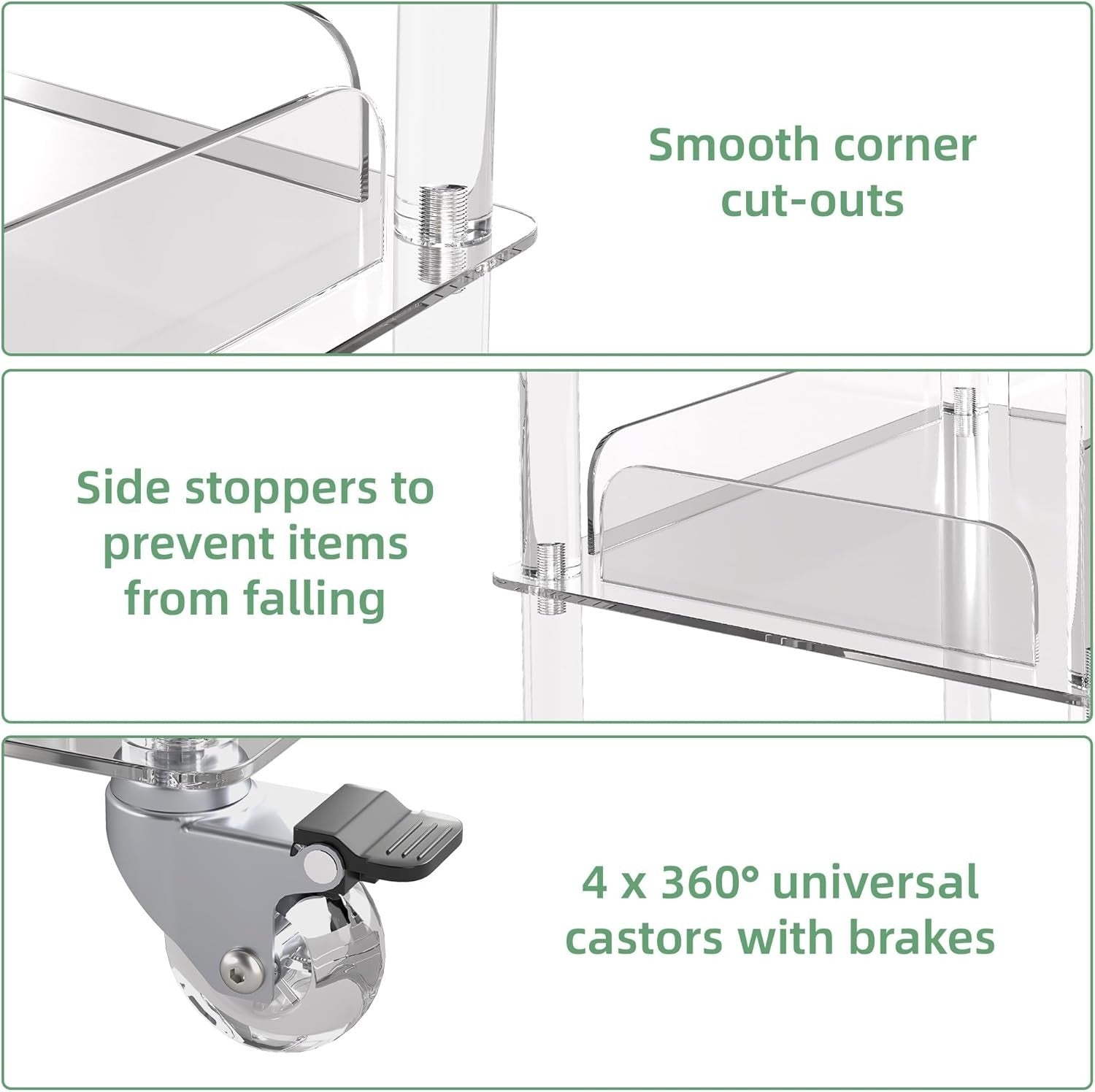 Clear Acrylic 3-Tier Side Table with Wheels – Modern Rolling Storage Stand