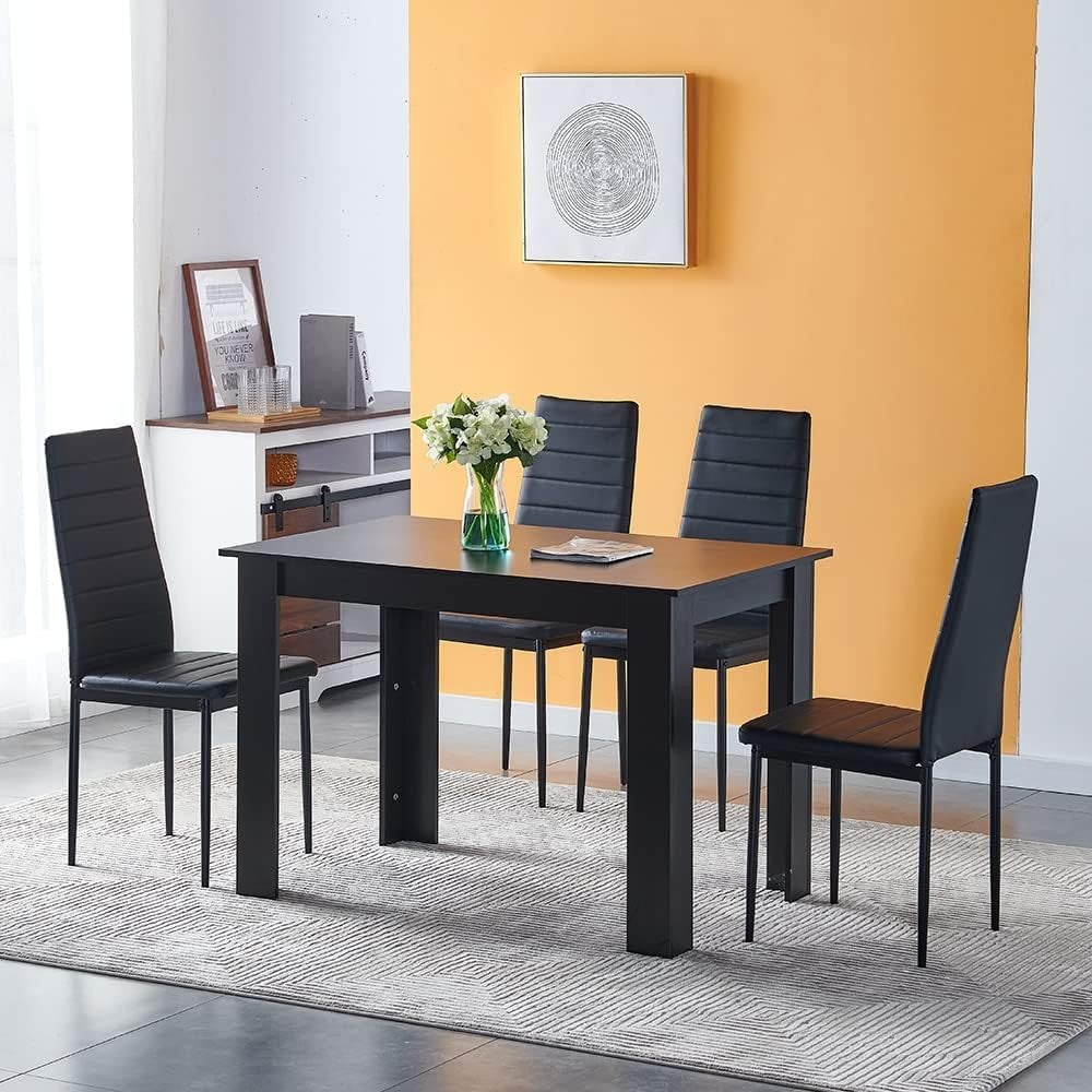 5pc Black Dining Table Set 4 PU Chairs Space Saving Kitchen Room