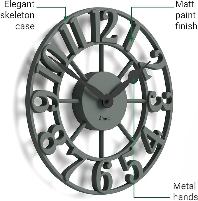30cm Green Skeleton Wall Clock Silent Modern Raised Numerals Stylish Home Decor