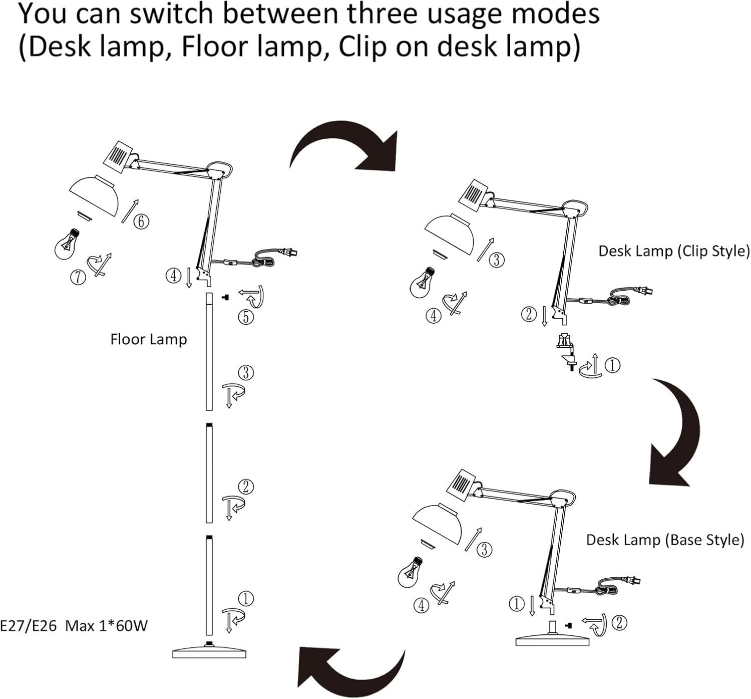 Adjustable Vintage Floor Lamp with Clip & Table Base, 3 Brightness Modes