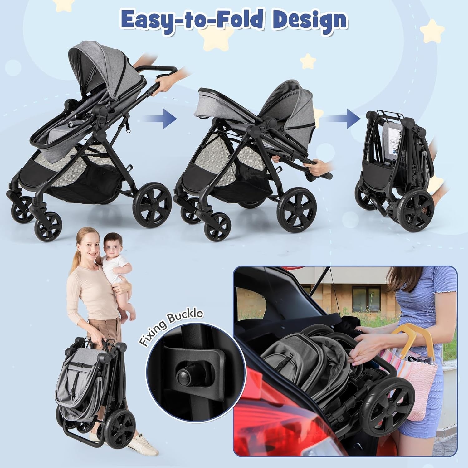 2 in 1 Baby Pushchair Travel Foldable Lightweight Reversible Stroller Grey