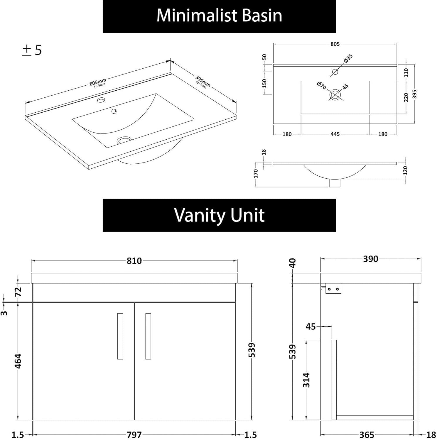 800mm Wall Mounted Gloss White Vanity Unit with Basin 2 Door Bathroom Cabinet