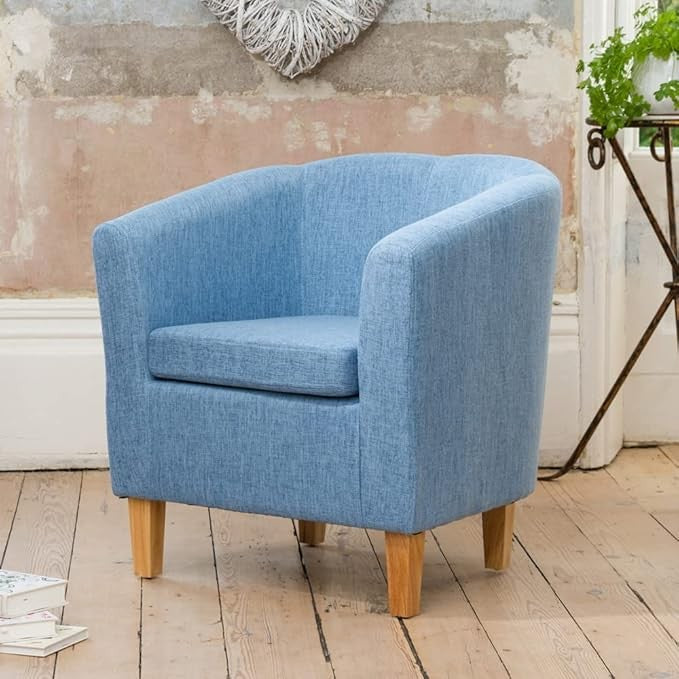 Blue Hessian Fabric Tub Chair 68cm Wide Pine Legs Accent Armchair