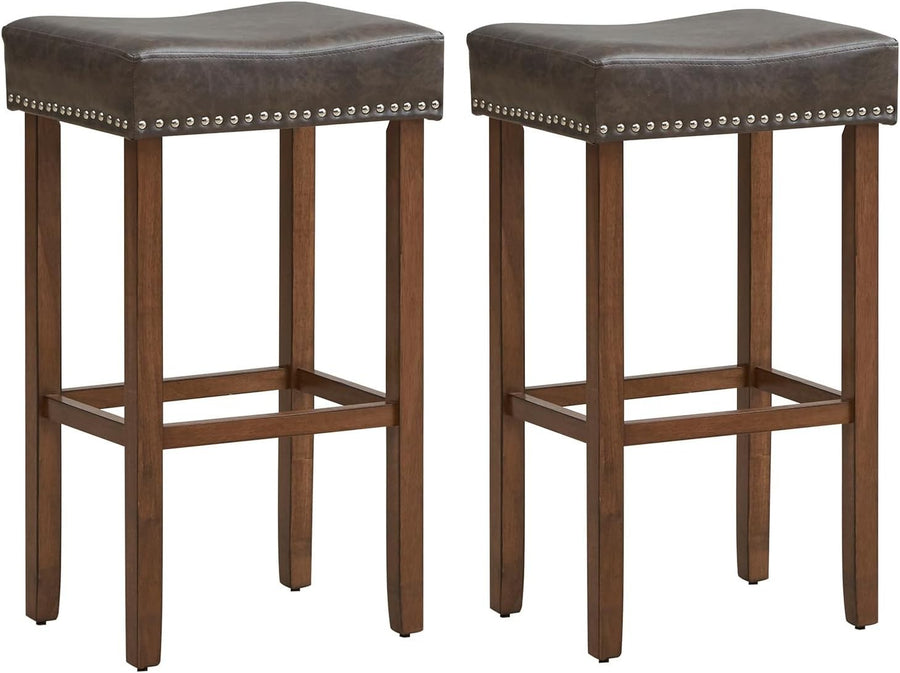 Gray & Brown Saddle Bar Stools Set of 2 – Solid Wood Counter Chairs