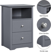 Dark Grey Bedside Table with Drawers & Open Shelf – Modern Wooden Nightstand