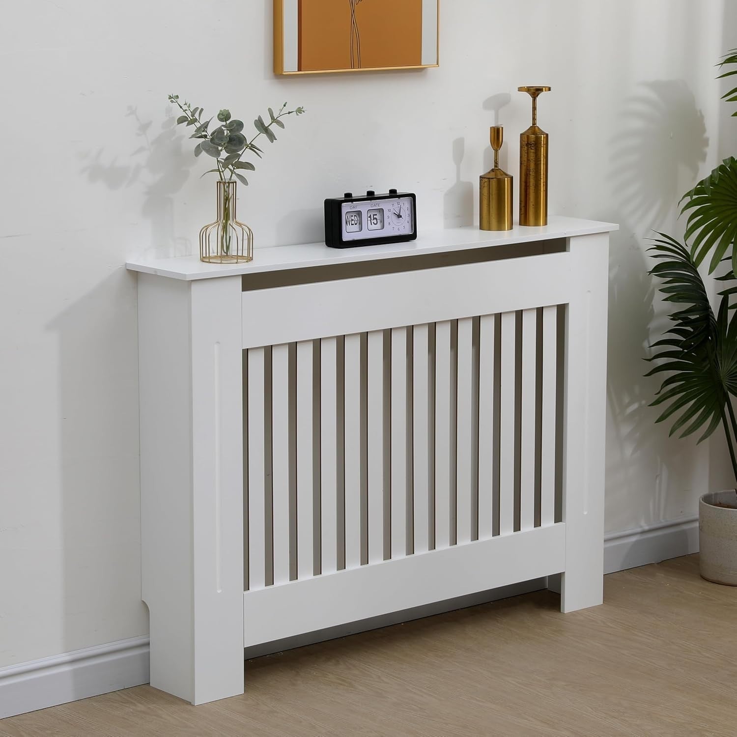 White Radiator Cover Medium MDF Wood Vertical Slat Cabinet Shelf 112cm Modern