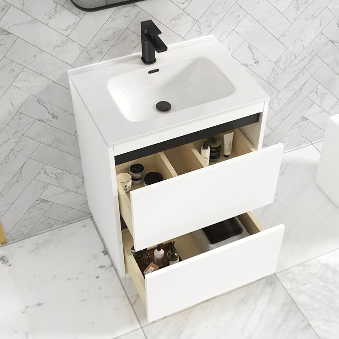 600mm Matte White Floor Standing Vanity Unit with Basin Sink 2 Drawer Cabinet