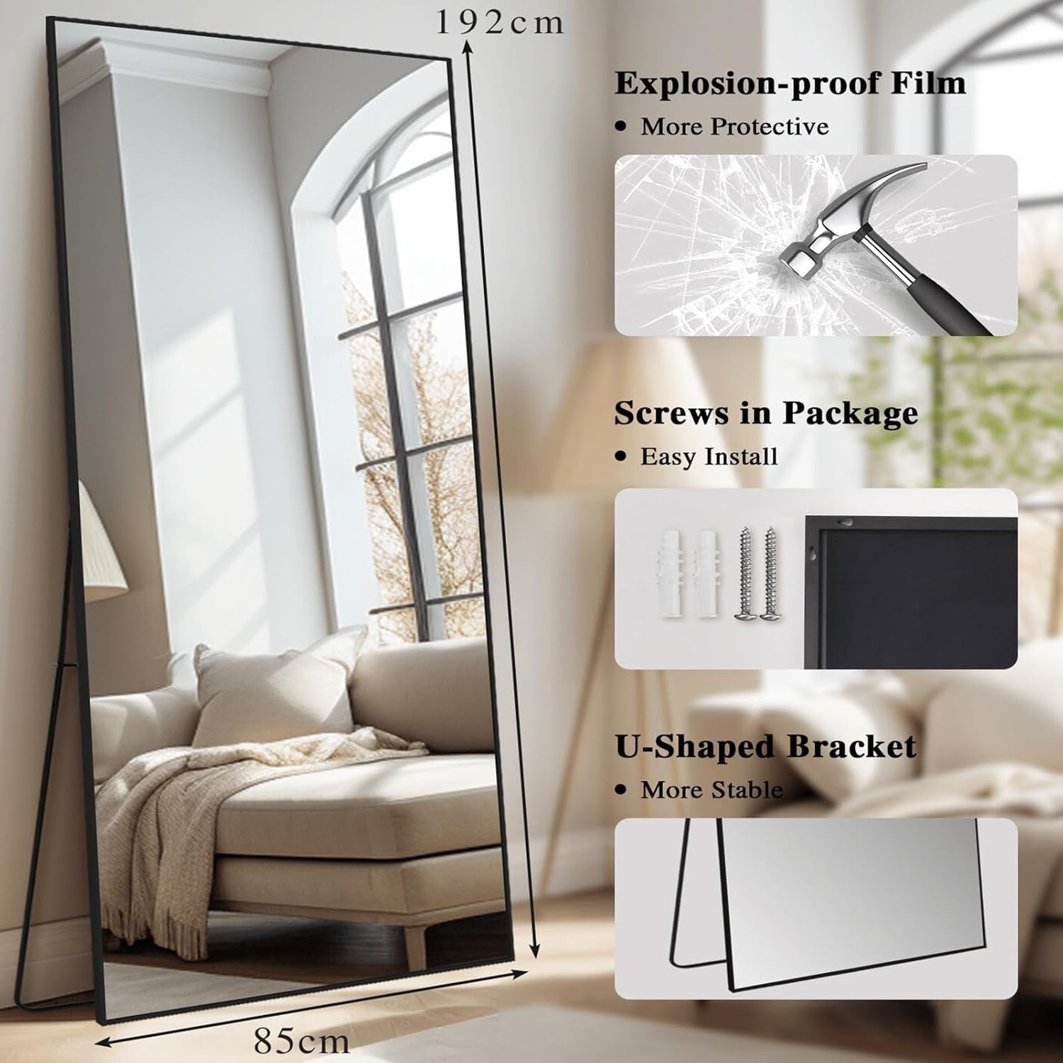 Oversized Full Length Floor Mirror 192x85cm Black Frame Modern Design