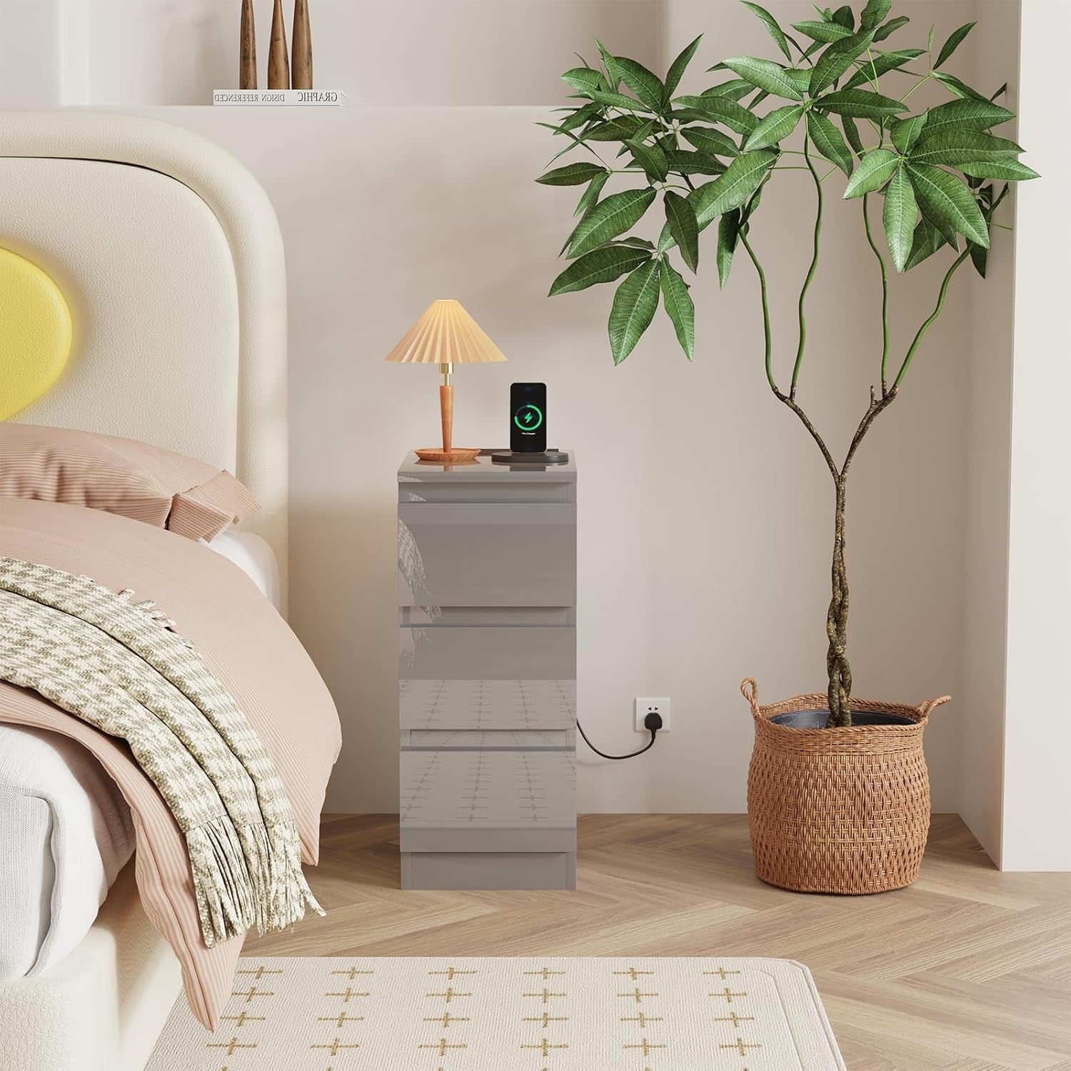 Grey Charging Bedside Table with USB Ports, Slim 3-Drawer Narrow Nightstand