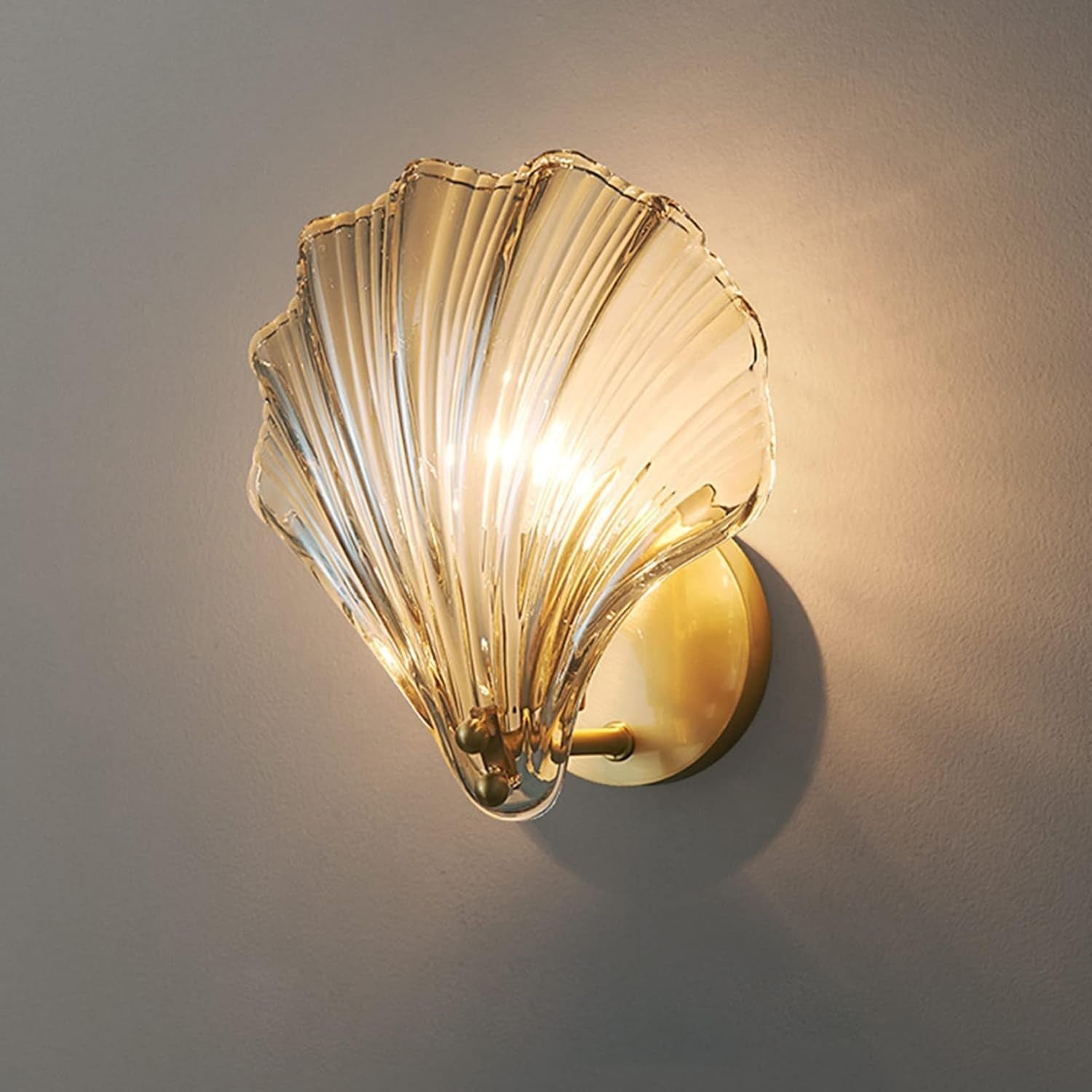 Amber Glass Shell Wall Sconce, Elegant LED Lamp, Modern Bedroom Light