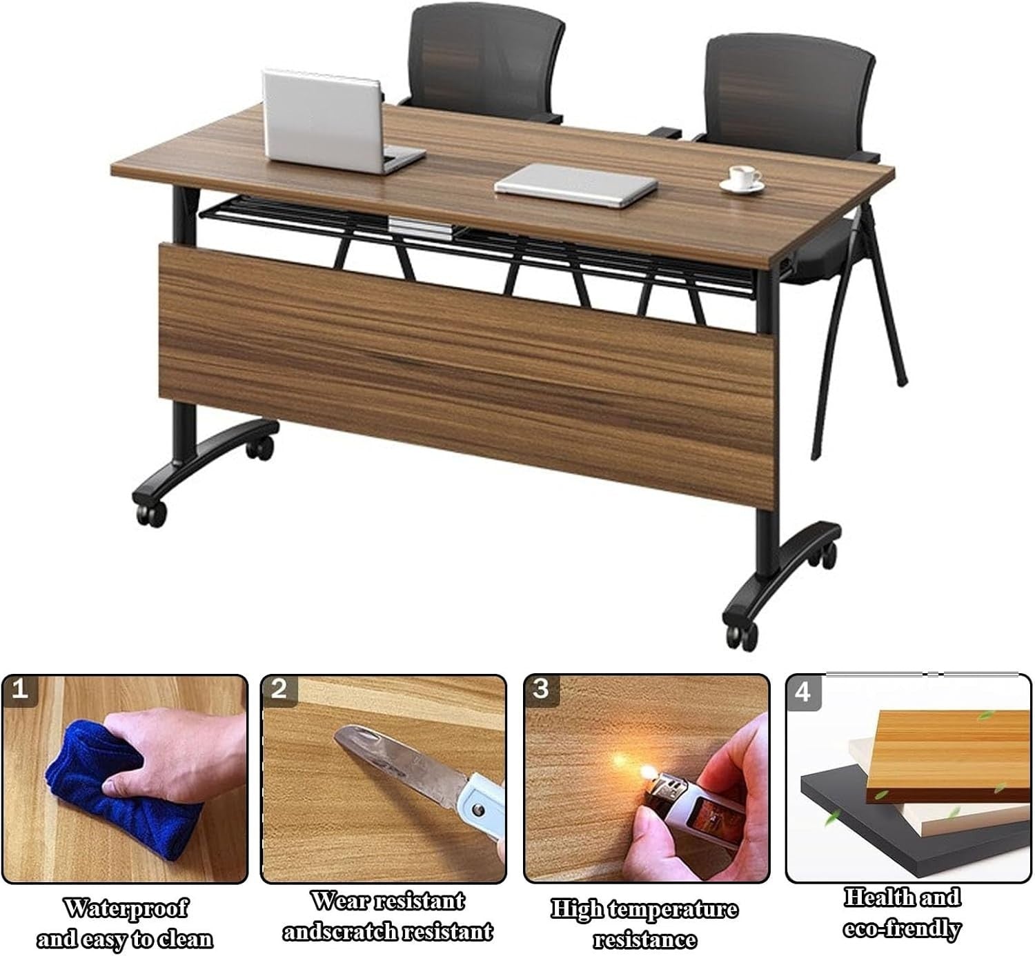 Mobile Folding Conference Table – Flip-Top Desk w/ Locking Wheels for Training