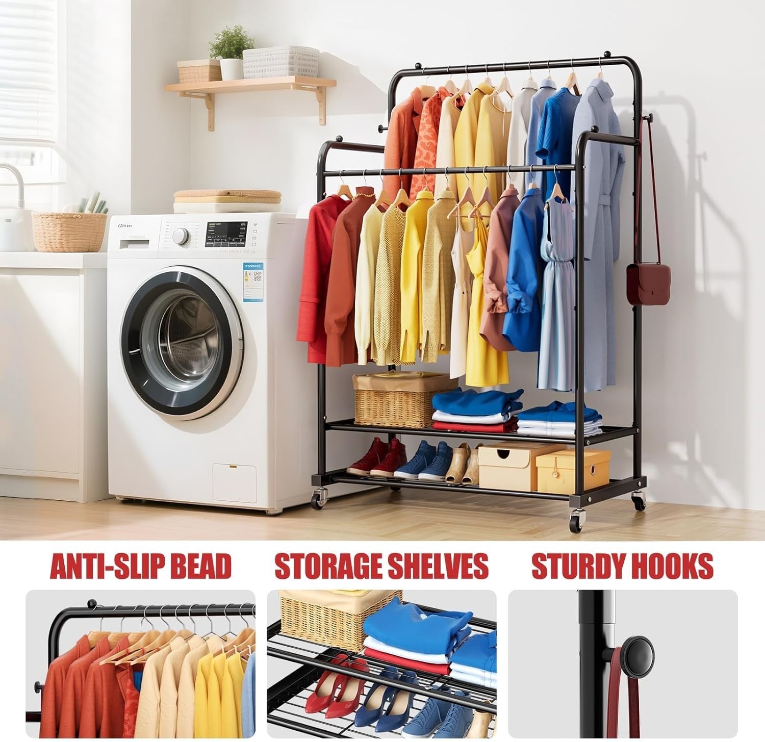 Heavy Duty Double Rod Clothes Rail with Wheels – Black 155cm