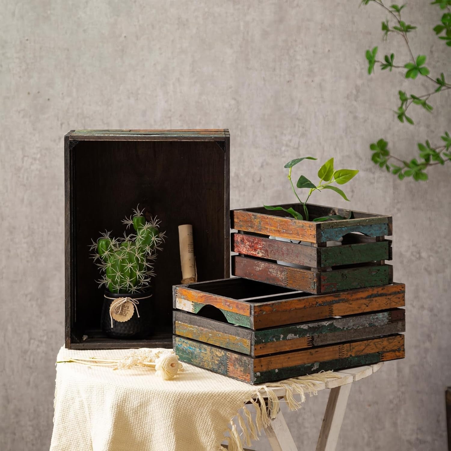 3 Pack Distressed Wooden Storage Crates Rustic Farmhouse Set