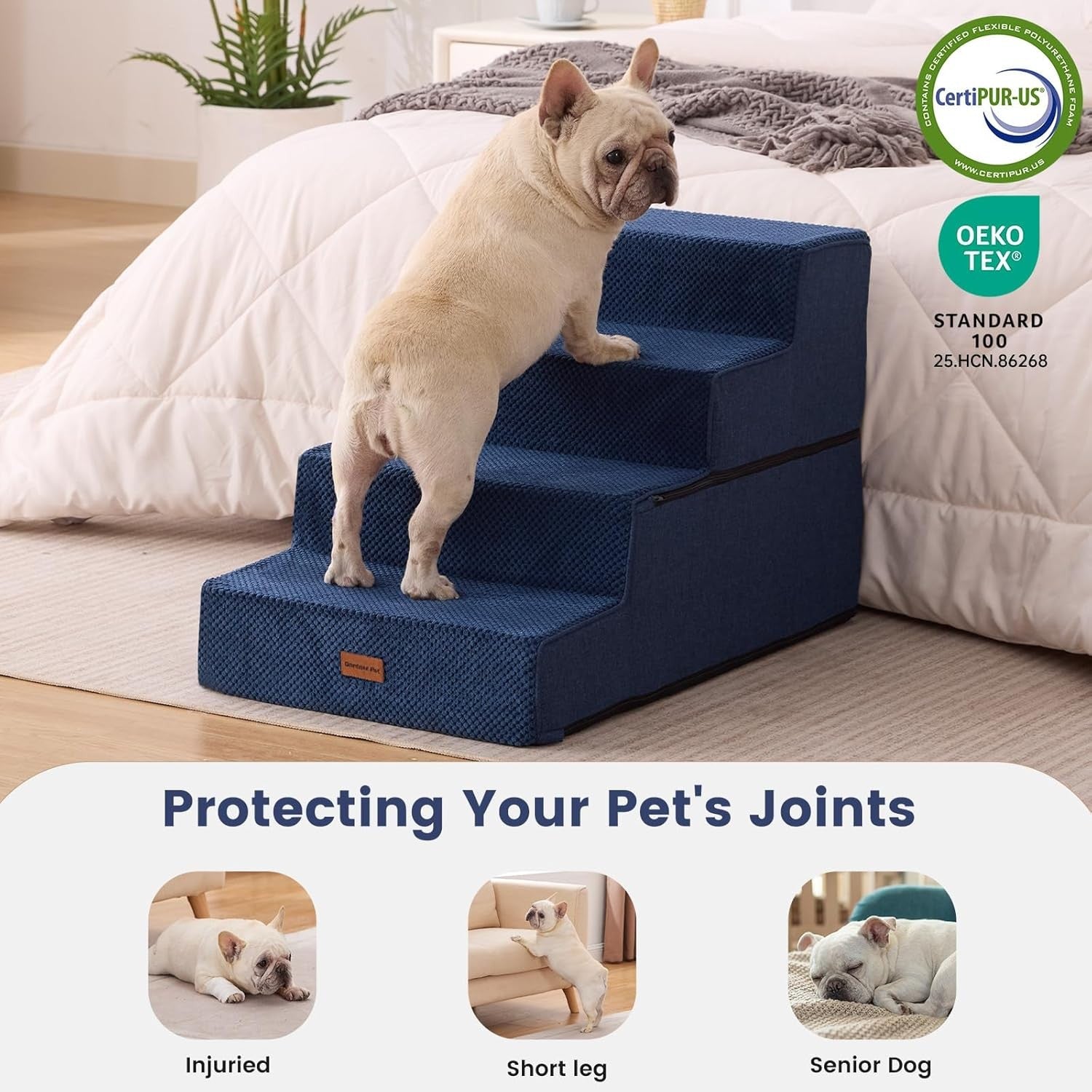 Extra‑Wide 4‑Step High‑Density Foam Pet Stairs 47 cm H – Non‑Slip Waterproof Ram
