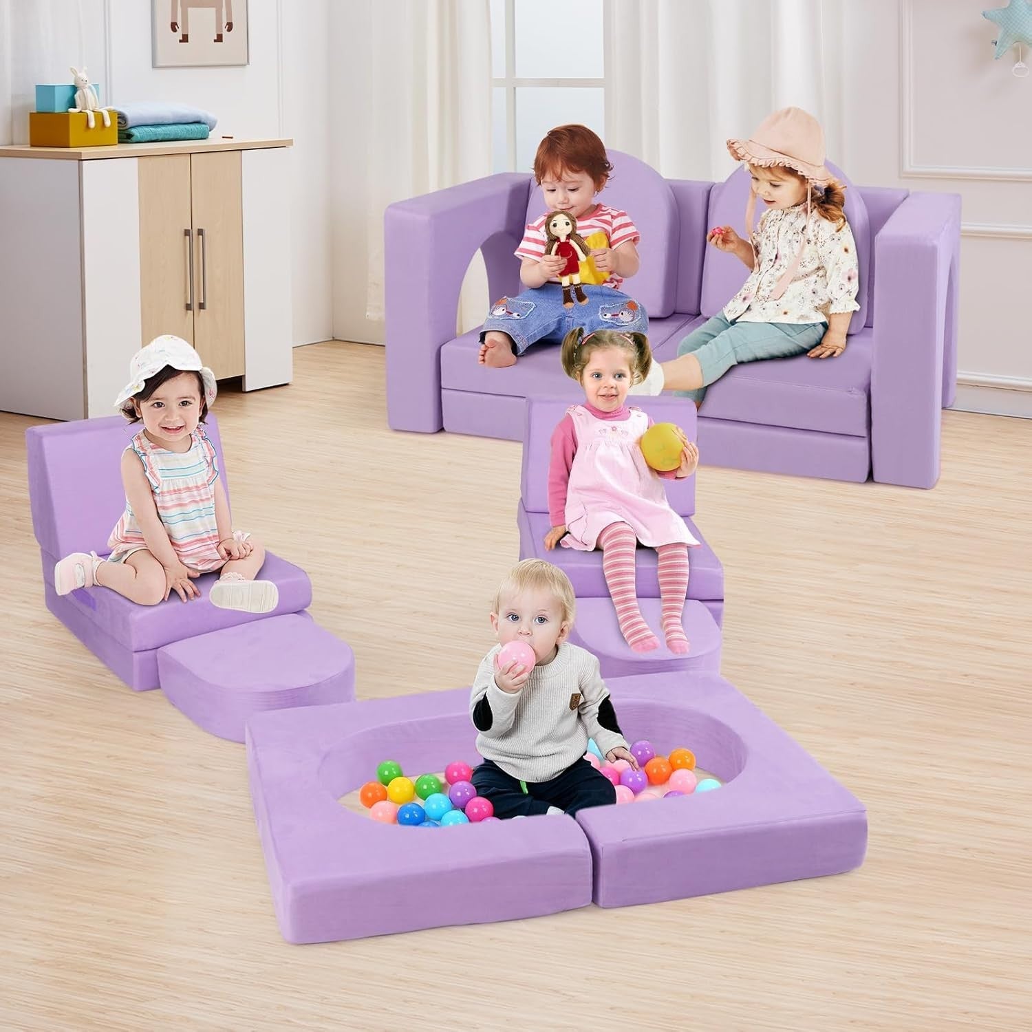 Kids Modular Play Sofa Purple 8pc Foam Couch Bed Set Washable Covers