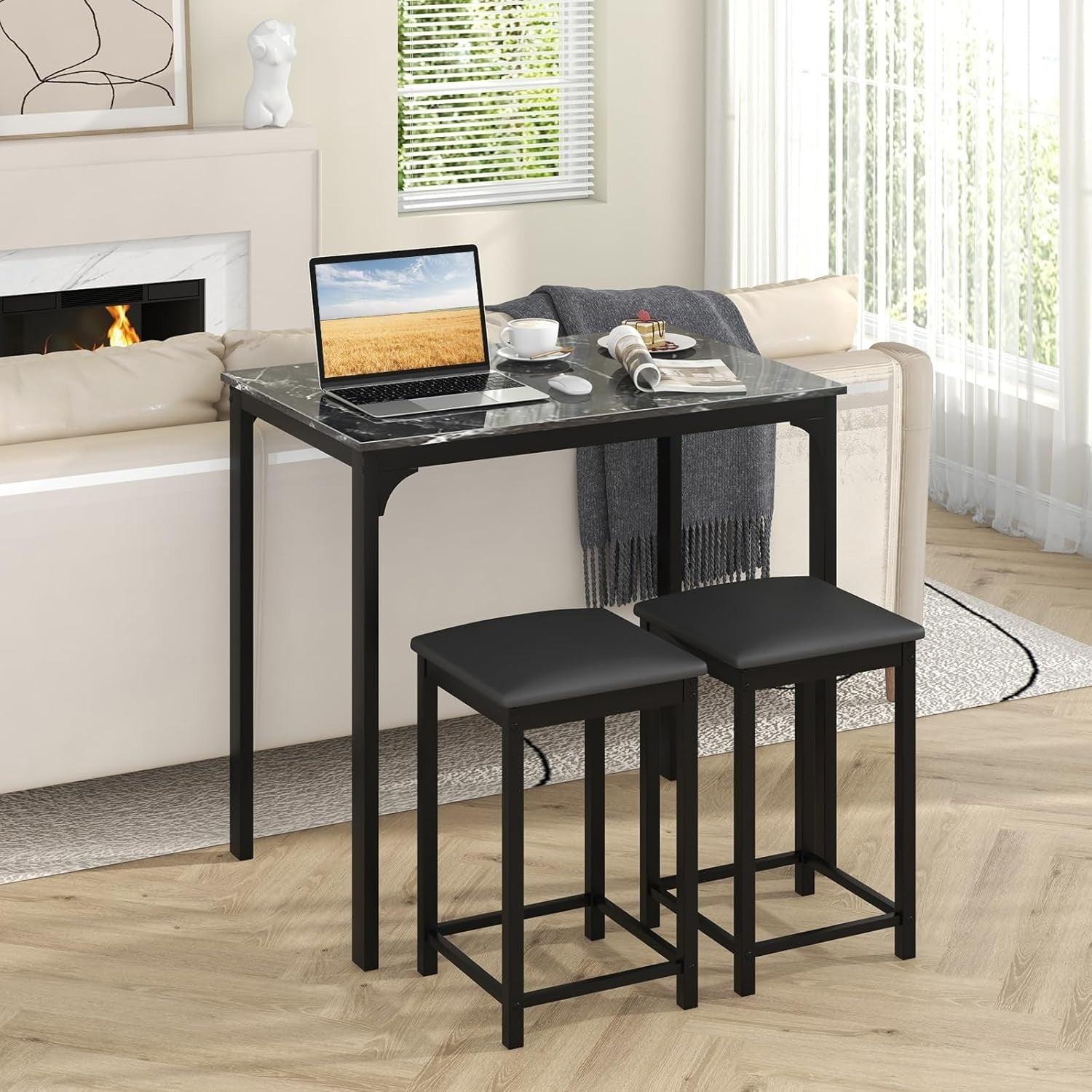 3-Piece Bar Table Set with Marble Top & 2 Stools Space-Saving Dining Black