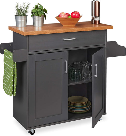 Kitchen Trolley on Wheels Storage Cabinet with Wooden Top & Drop Leaf